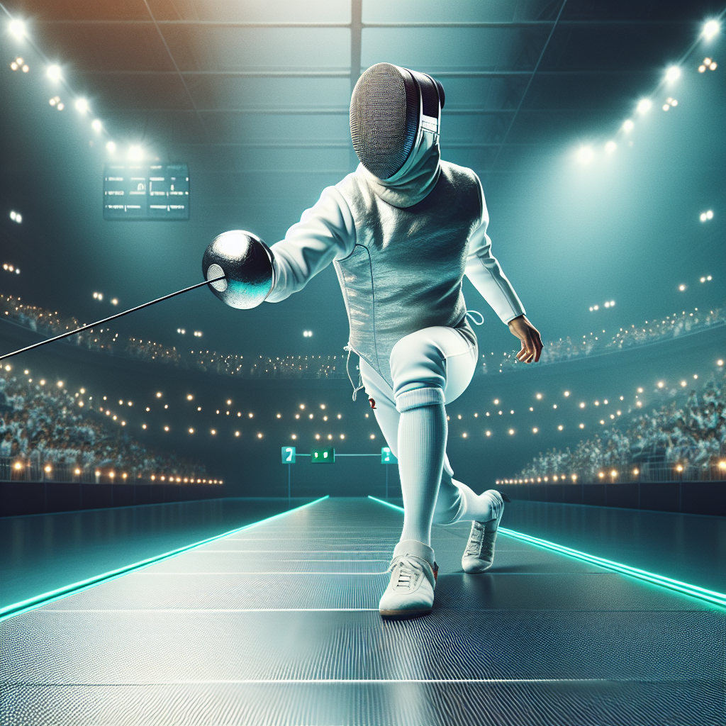 Казахстанский шпажист уверенно атакует на Исламиаде-2025, динамичный спортивный кадр в арене.